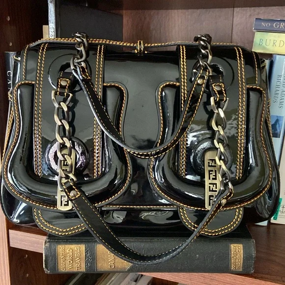 Fendi B Bag Purse in Black Patent Leather with Orange Contrast Top Stitching - Picture 14 of 16